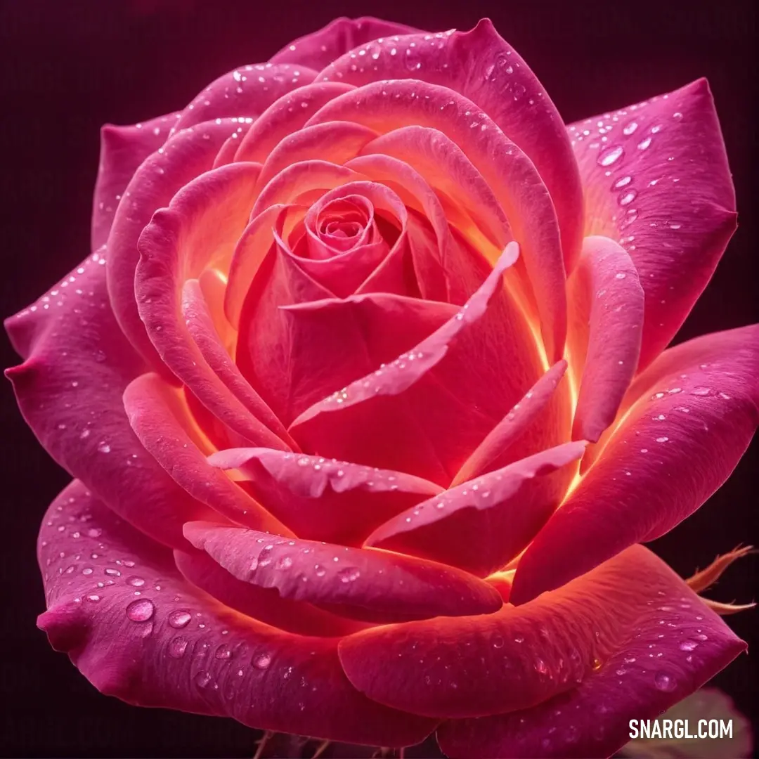 Pink rose with water droplets on it's petals and a dark background. Color Hot pink.