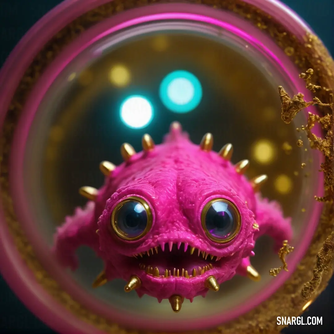 Pink toy with spikes on it's head and eyes in a circular object with a blue light in the background. Example of CMYK 0,59,29,0 color.