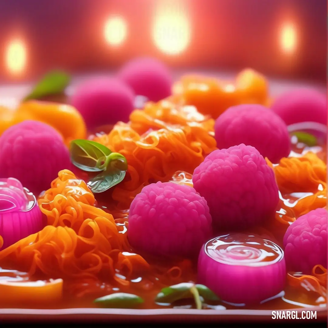 Plate of raspberries and other fruits and vegetables in a liquid filled dish with candles in the background. Color Hot pink.