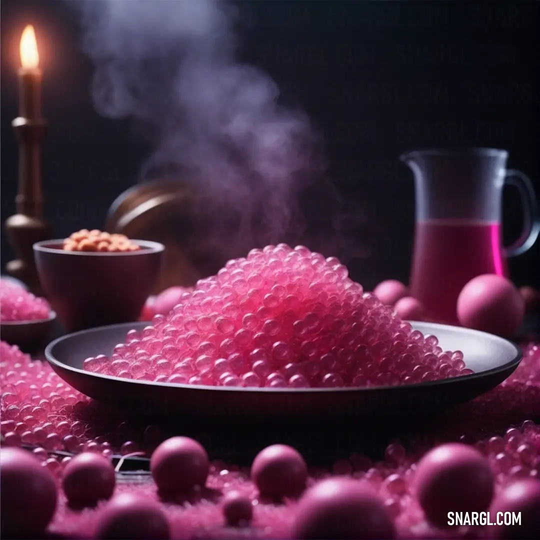 Plate with a pink substance on it next to a candle and a bowl of balls of pink stuff. Color Hot pink.