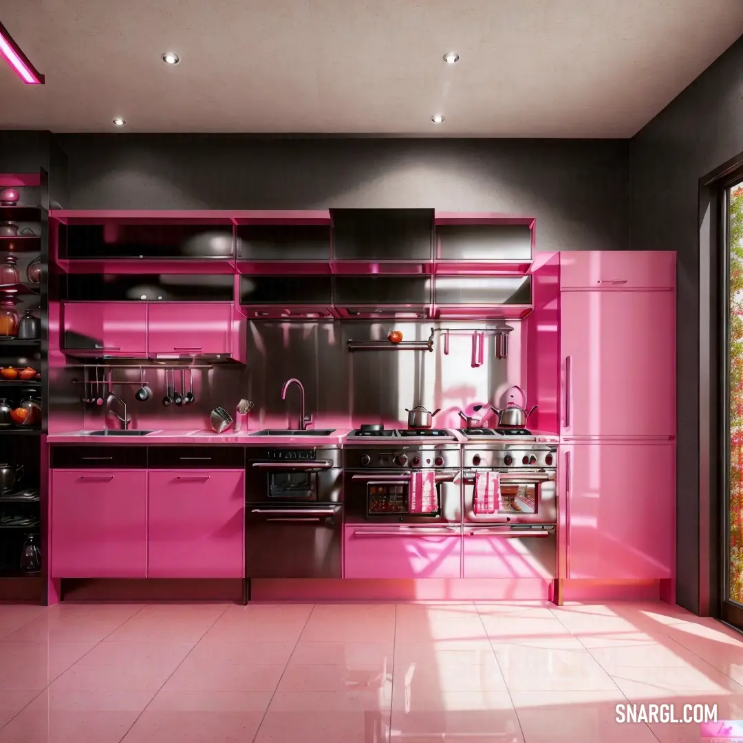 Kitchen with pink cabinets and a window in the background with a view of the outside of the room. Color RGB 255,105,180.