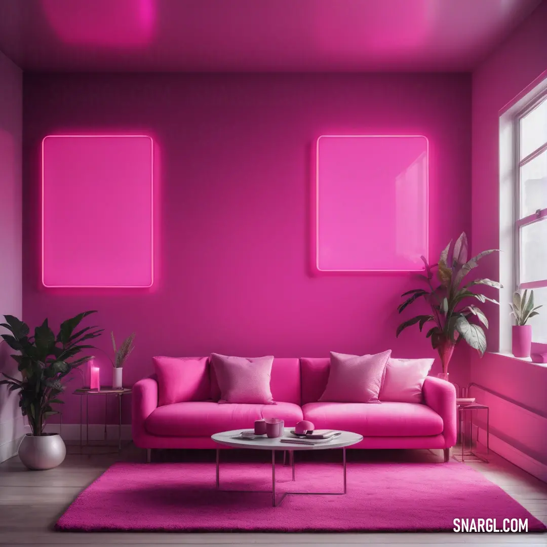 Living room with a pink couch and a pink rug and two large windows with pink frames on the wall