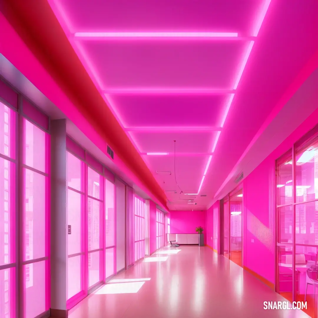 Long hallway with pink walls and windows and a pink ceiling with pink lights on it