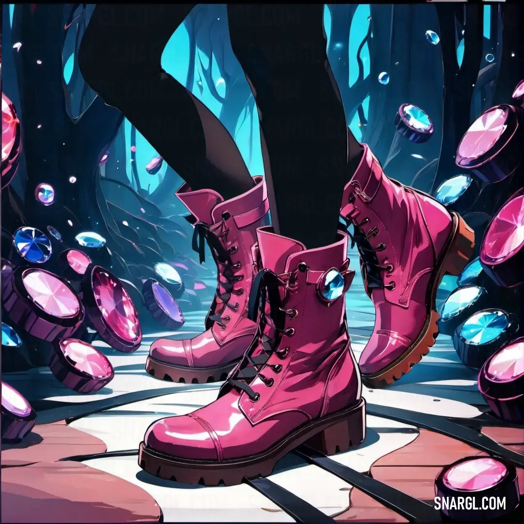 Pair of pink boots with a person standing in the background with their legs crossed and their feet crossed. Color #FF69B4.