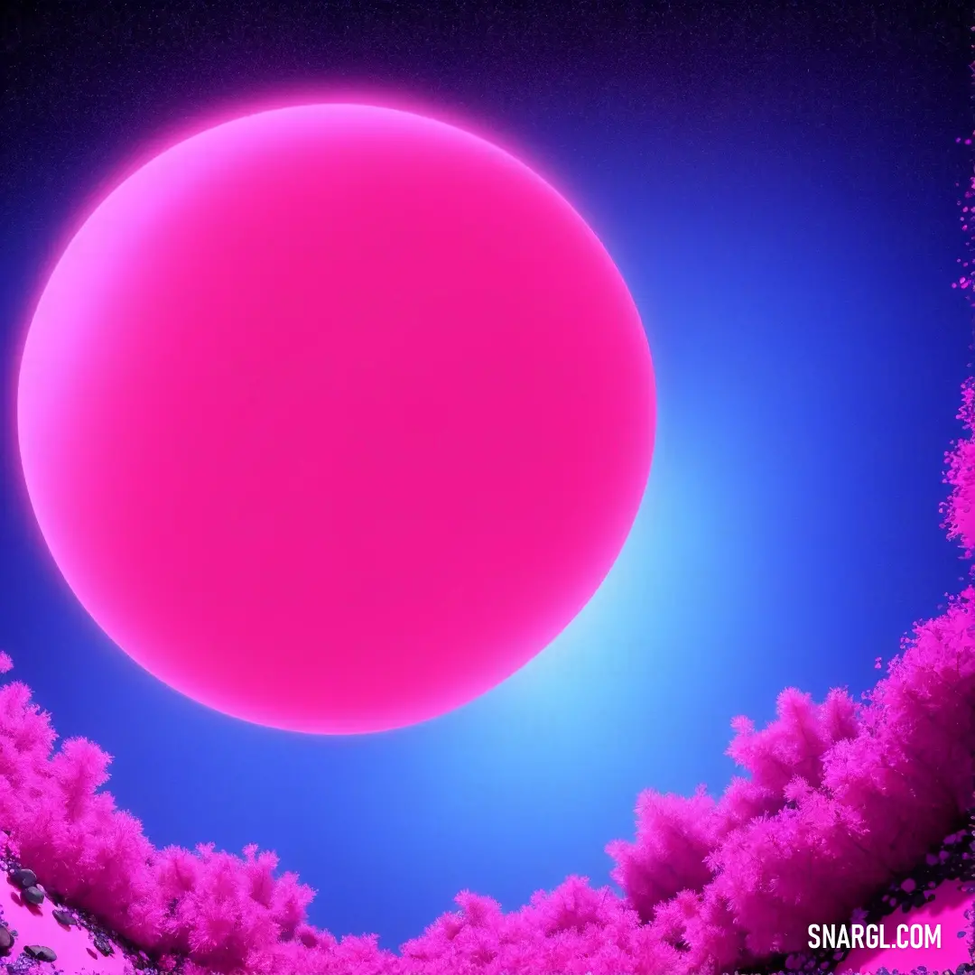 Pink and blue image of a large object in the sky with clouds and trees around it