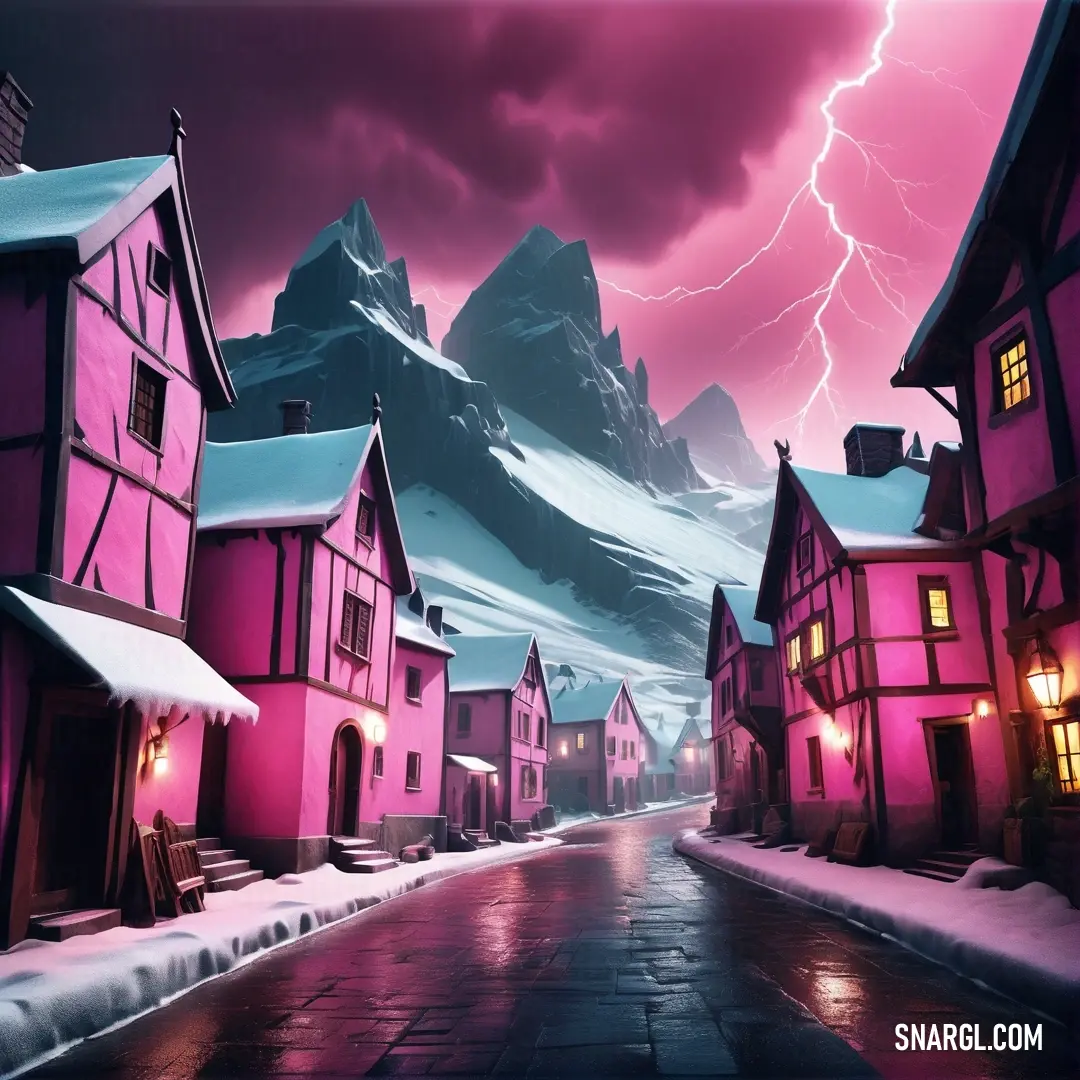 Hot pink color. Pink city with a lightning in the sky and a mountain in the background