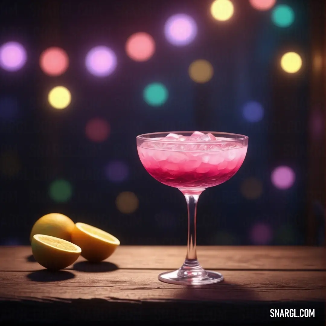 Hot pink color example: Pink drink with a lemon on a table with a blurry background