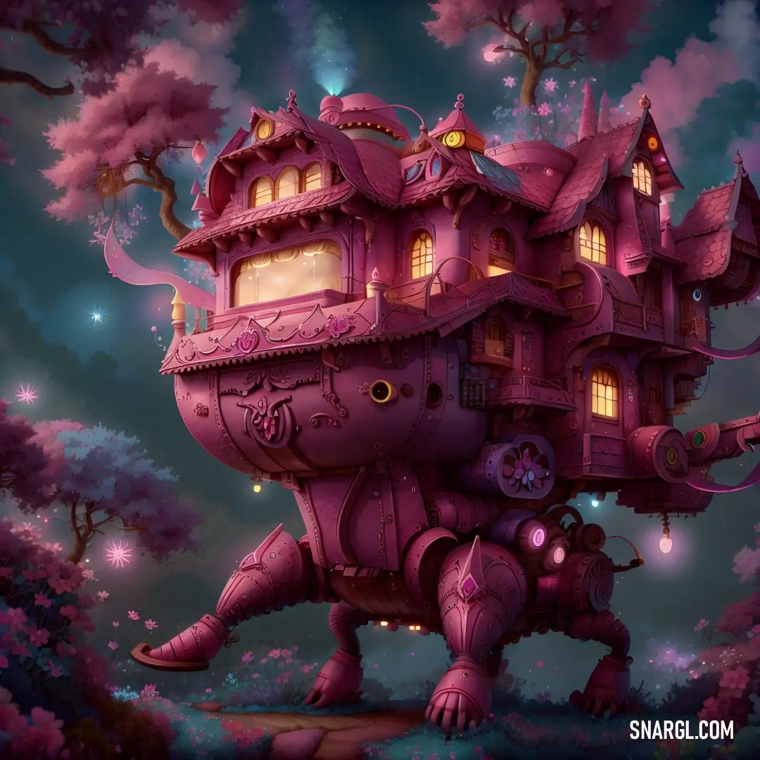 Pink house with a giant elephant in front of it and a tree in the background with pink flowers