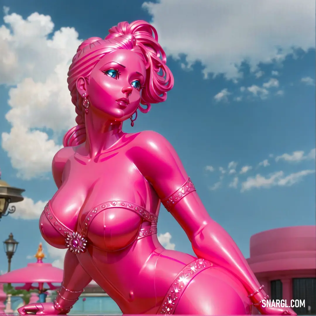 Pink statue of a woman with big breast and a pink dress on top of a pink building with a sky background