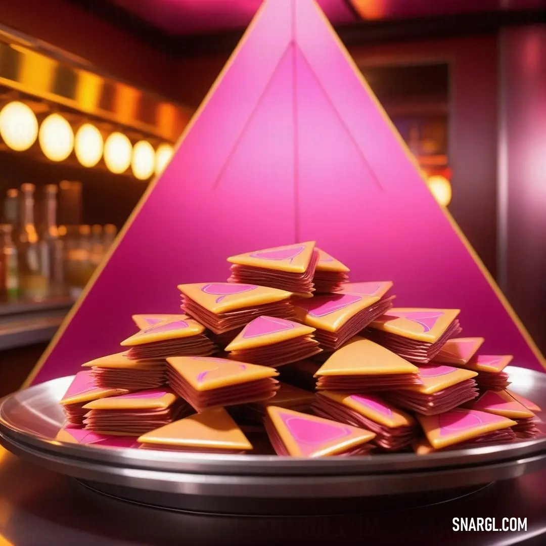 Plate of chocolate pieces on a table with a pink triangle in the background. Color #FF69B4.