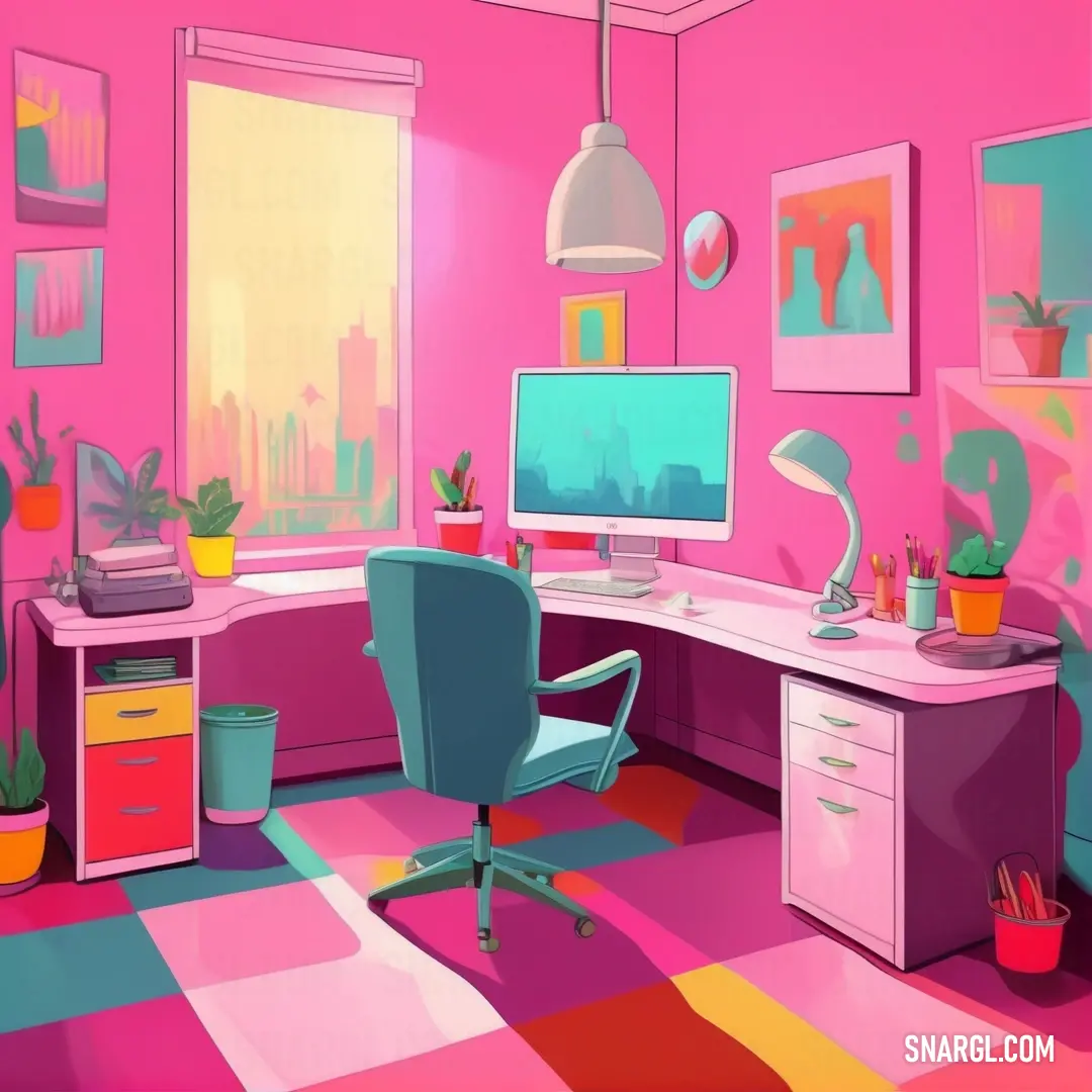 Room with a desk. Example of Hot pink color.