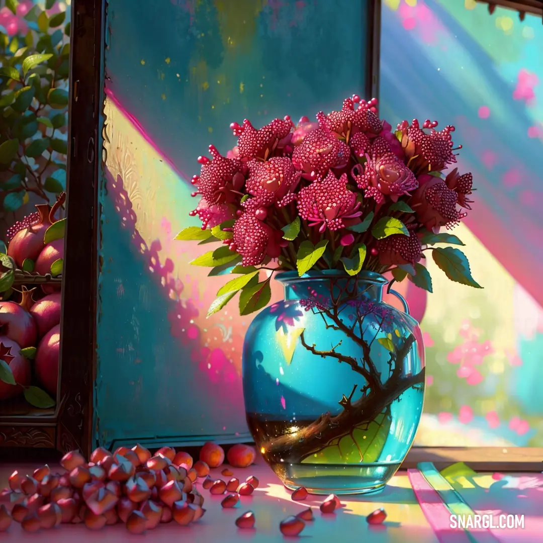 Vase of flowers on a table next to a mirror and a painting of a tree in a vase