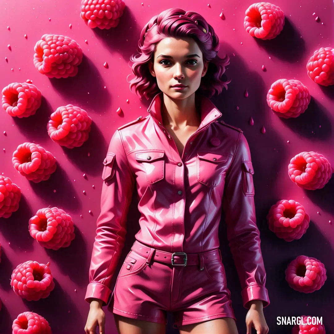 Hot pink color. Woman in a pink outfit standing in front of a wall of raspberries