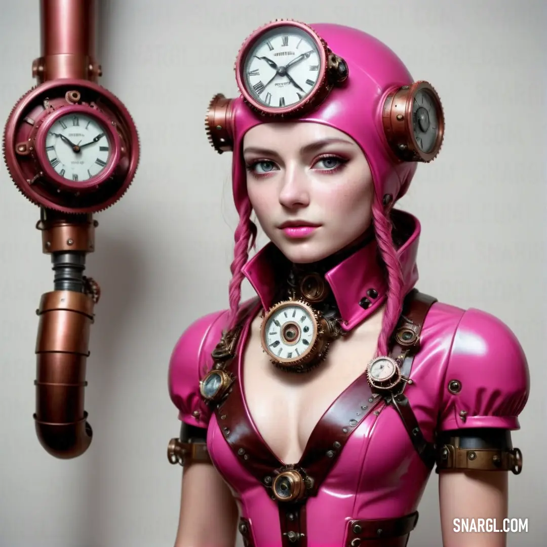 Woman in a pink suit with a clock on her arm and a pipe in the background with a clock on her arm. Color #FF69B4.