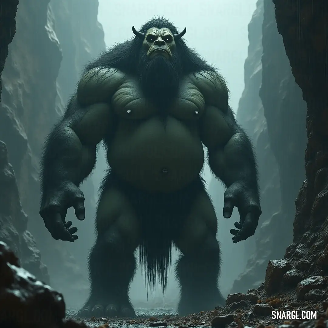 A giant Hrok gazes through the shadows of its cave, a mystical aura surrounding its imposing figure. A colossal Hrok lurks within the dim confines of a cave, its massive eyes glimmering with a mysterious light. The creature's bushy beard adds to its intriguing presence as shadows dance around its formidable form.