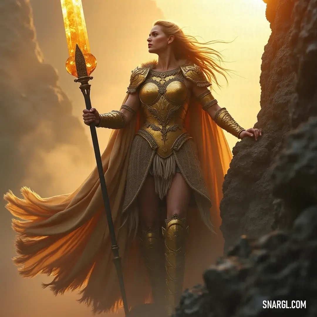 Huldra, adorned in golden armor, stands poised with a sword in hand, radiating an aura of mystical strength and elegance as she prepares for her next challenge. Huldra, draped in a shimmering golden outfit, holds a sword in one hand with a powerful stance. The light catches her attire, highlighting the grace and strength of this mythical figure in a moment of readiness.