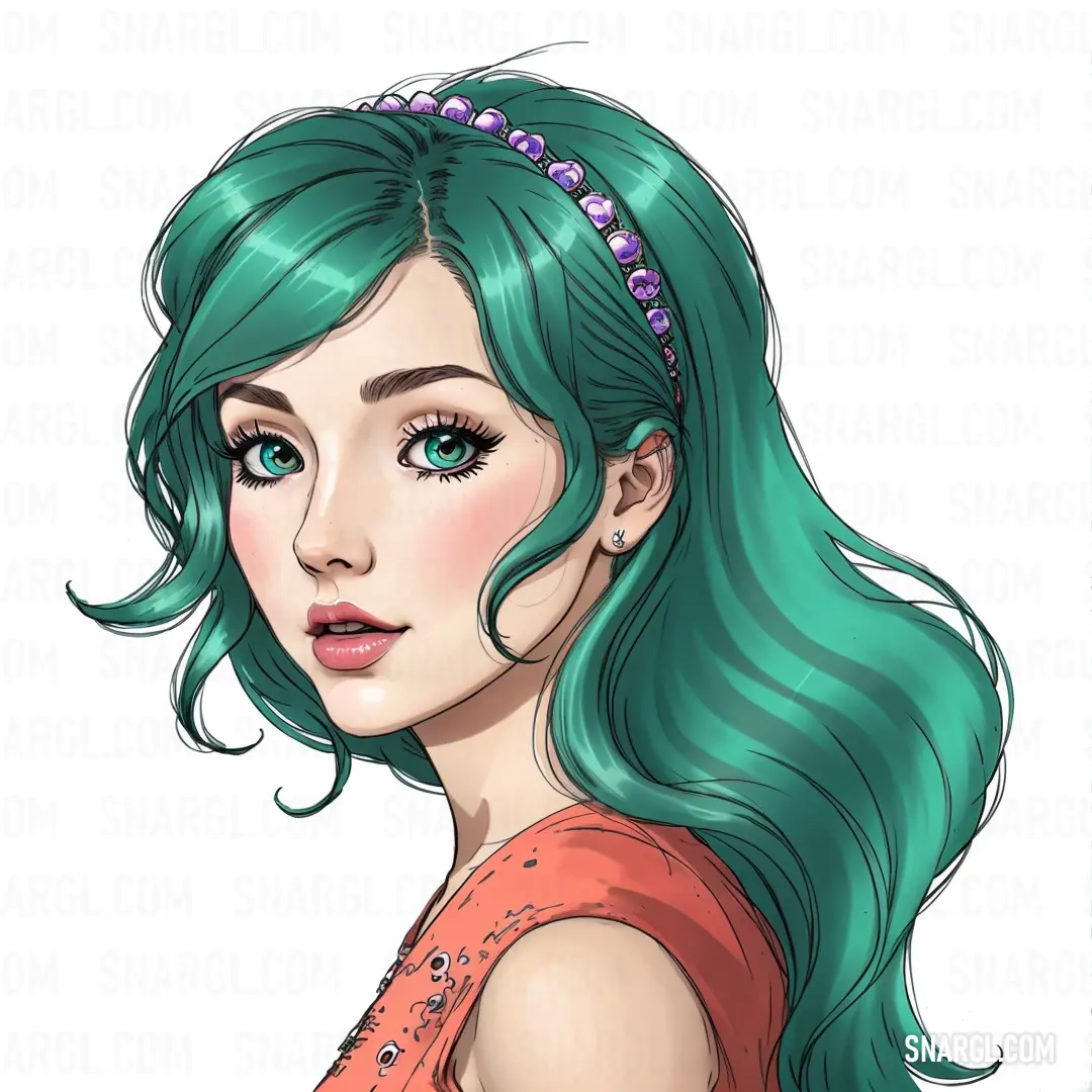 Drawing of a girl with green hair and blue eyes and a tiara on her head