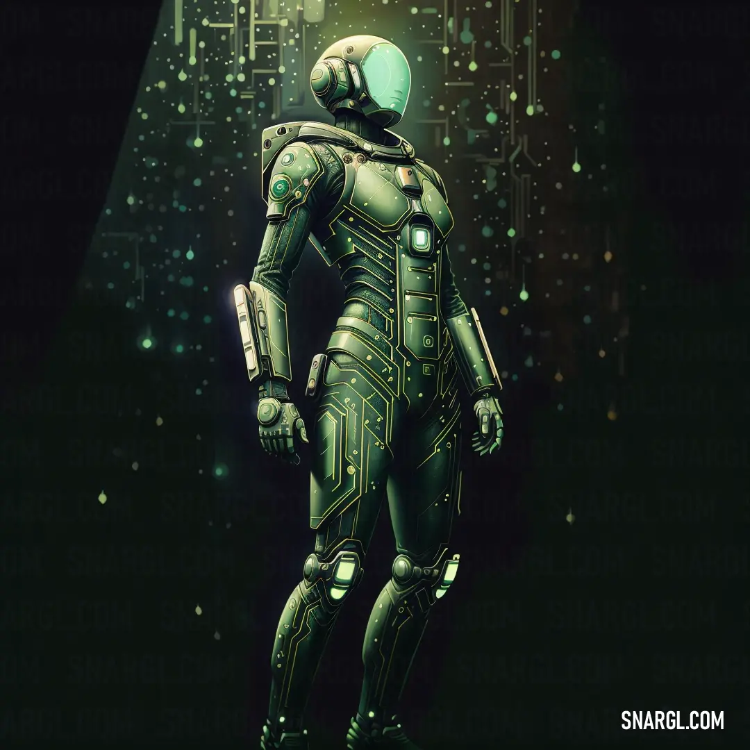 Futuristic man in a space suit standing in front of a cityscape background with stars and dots