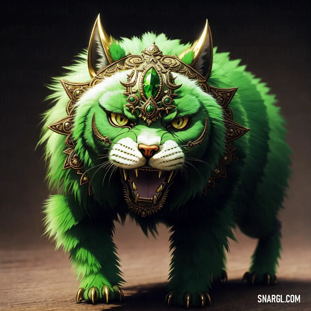 Green cat with a gold crown on its head