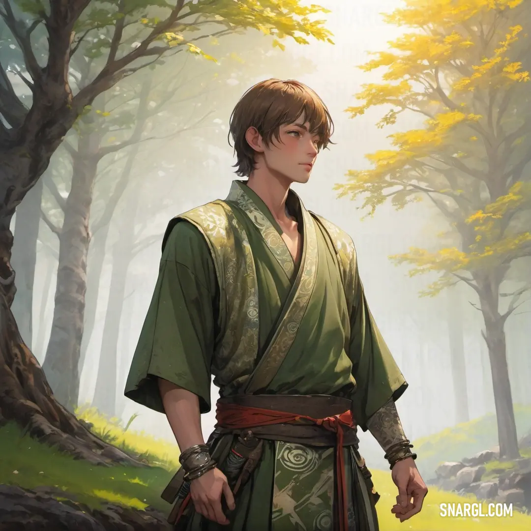 Hunter green color example: Man in a green robe standing in a forest with trees and rocks in the background