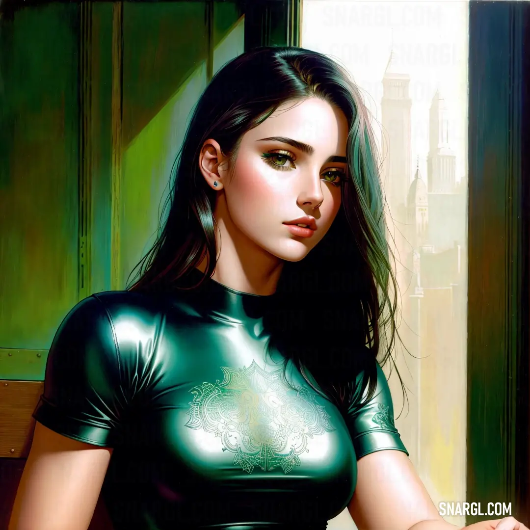 Painting of a woman in a green leather outfit down with her hands on her hips and looking at the camera