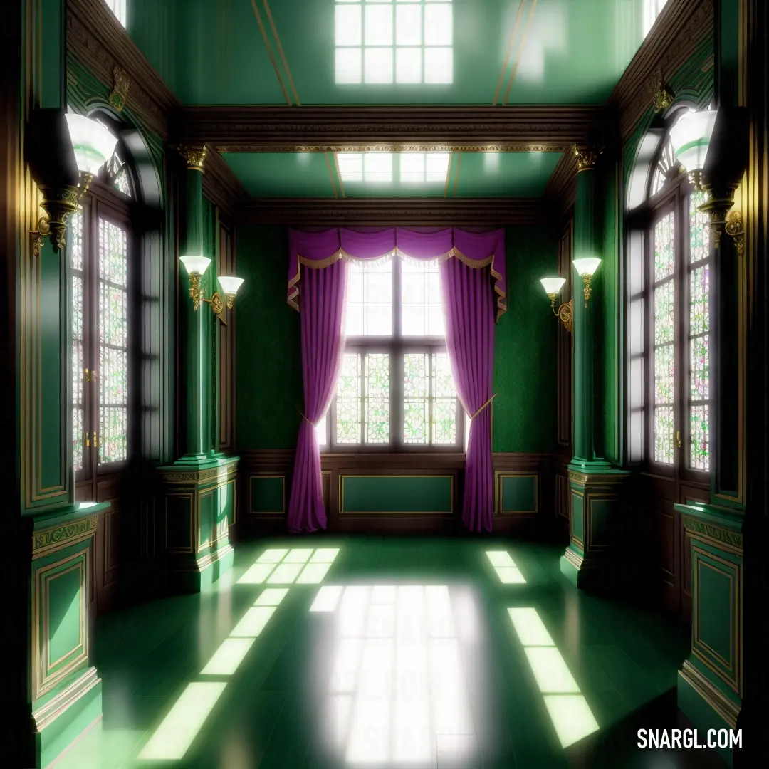 Room with a lot of windows and a purple curtain on the window sill and a green wall