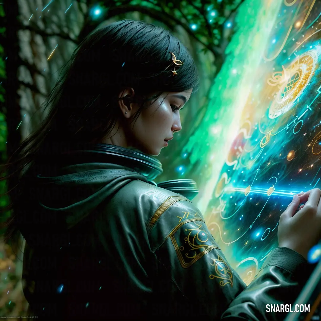 Woman holding a sword in her hands in front of a green light and stars background with a green