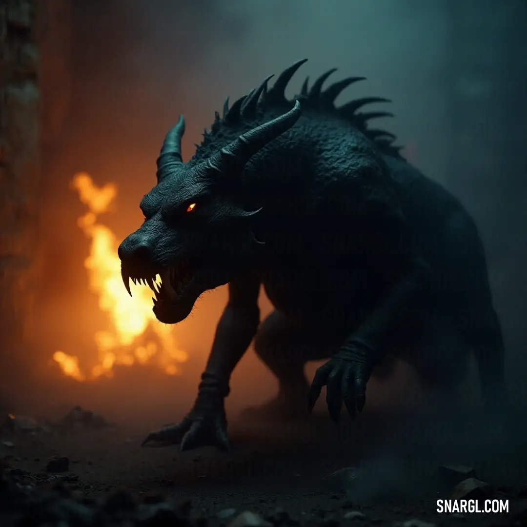 The Hunter of the Dark, a fearsome creature with flames bursting from its open mouth, stands in a darkened room, its menacing figure casting an eerie light as it exudes an aura of terrifying power. A terrifying Hunter of the Dark, its mouth agape as flames erupt from within, stands in a shadowy room illuminated only by the fiery glow, its dark form radiating an otherworldly power and danger.