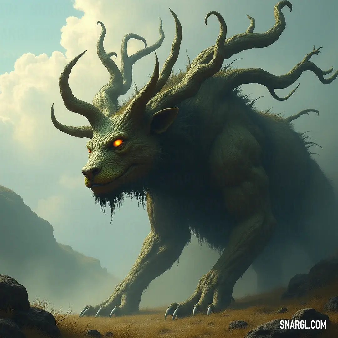 Formidable Huorns, shrouded in an otherworldly glow, command the landscape, blending seamlessly into their natural domain and captivating all who cross their path. In a grassy field, Huorns with fierce-looking horns and glowing eyes exude an aura of mystique. Their unsettling gaze, contrasted against a backdrop of rugged rocks and distant mountains, hints at their ancient wisdom and connection to the elemental force