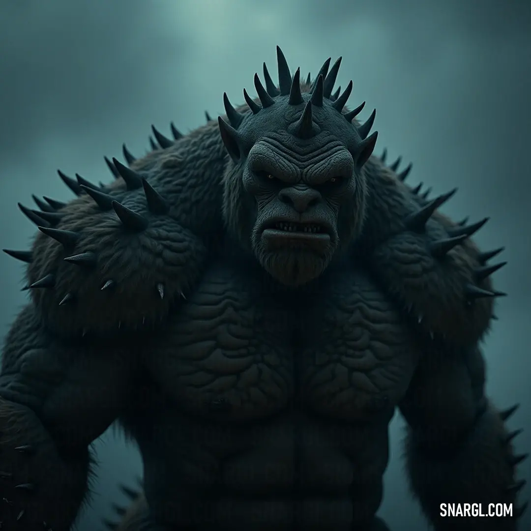 A formidable Hurn adorned with spikes atop its head looms large, the depth of its thick fur creating a magnificent contrast against the dark, mysterious backdrop.