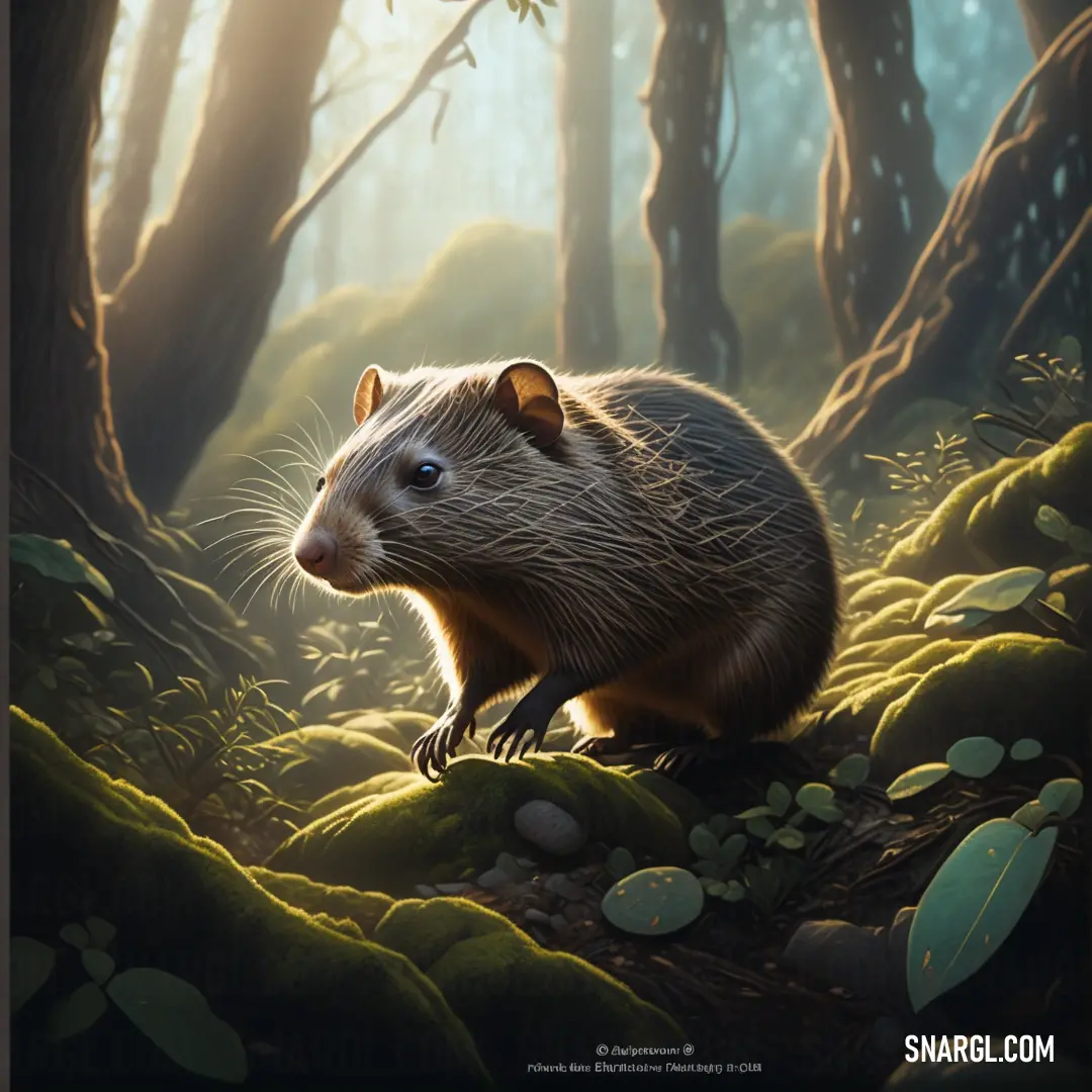 A rodent, likely a hamster, is captured in a painting surrounded by mossy rocks and trees. The forest floor beneath is dotted with leaves and plants, creating a rich, peaceful backdrop for this little creature.