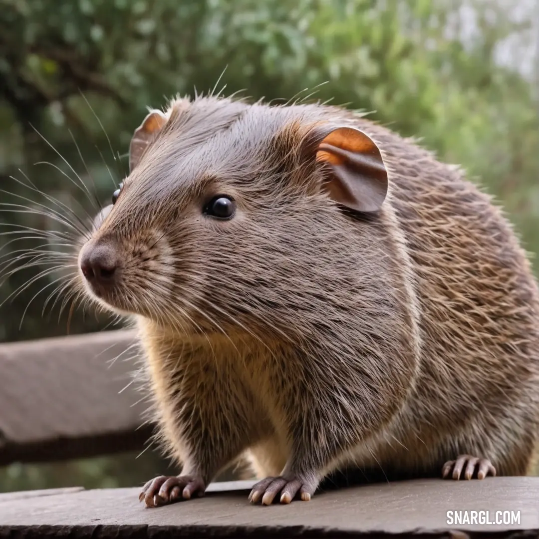 A rodent sits on a wooden bench, peering intently at something in the distance, its fur gently ruffled by the breeze. The soft blur of the background adds a sense of mystery to the scene, focusing attention on the creature’s curious expression.