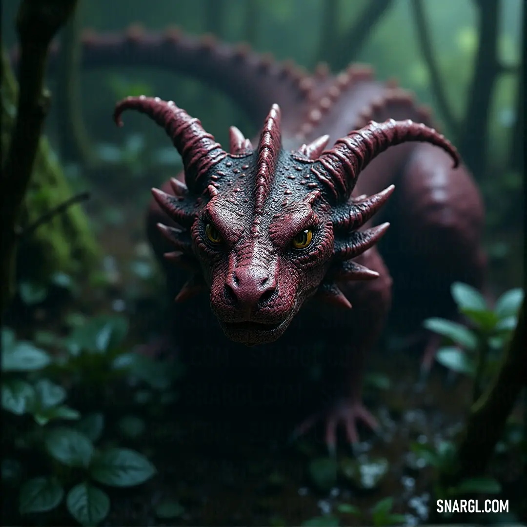 A Red Hydra statue standing proudly amidst dense greenery, its head surrounded by lush foliage and glowing green eyes that peer through the wilderness with a sinister intelligence.