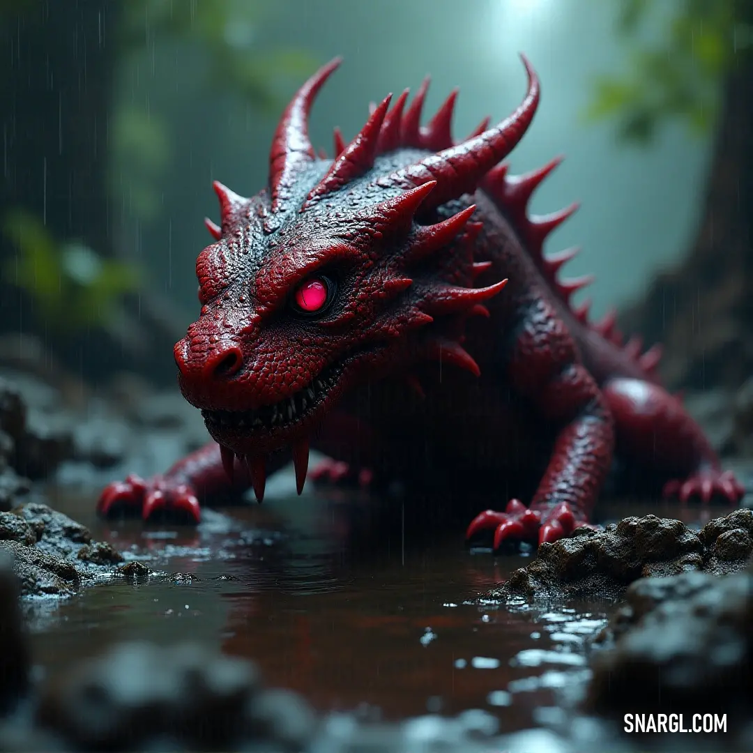 A Red Hydra statue resting in a tranquil puddle of water, its bright red eyes and striking red head and tail contrasting sharply against the calm surroundings, its form frozen in a moment of eerie stillness.