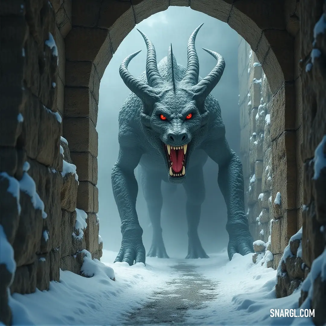 A fearsome Hydra Spawn, its red eyes glowing ominously, stands within a snowy tunnel. Snow blankets the ground, and an ancient stone archway frames the creature, lending an eerie, almost haunted vibe to the scene.