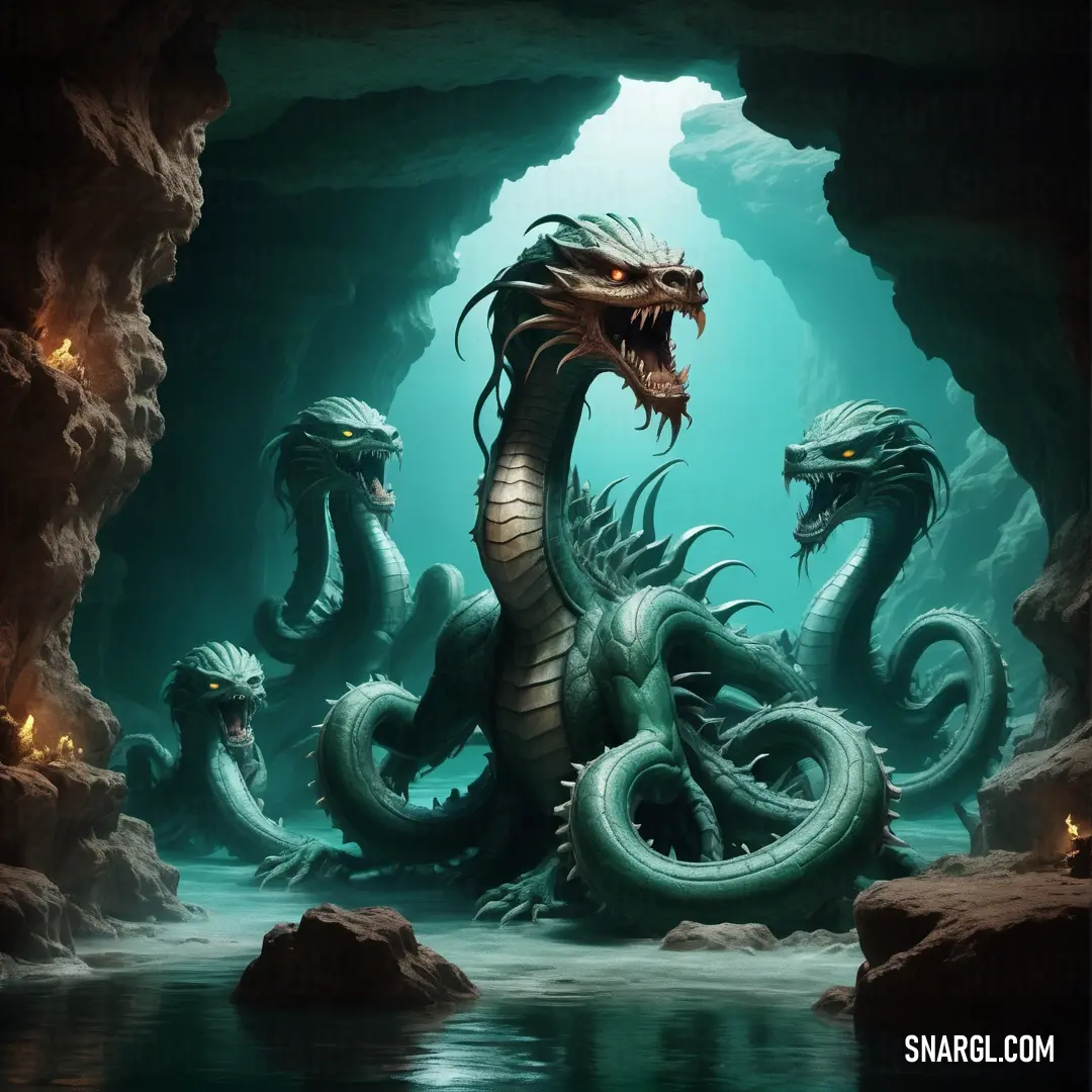 Hydra is standing in a cave with its mouth open and its eyes closed