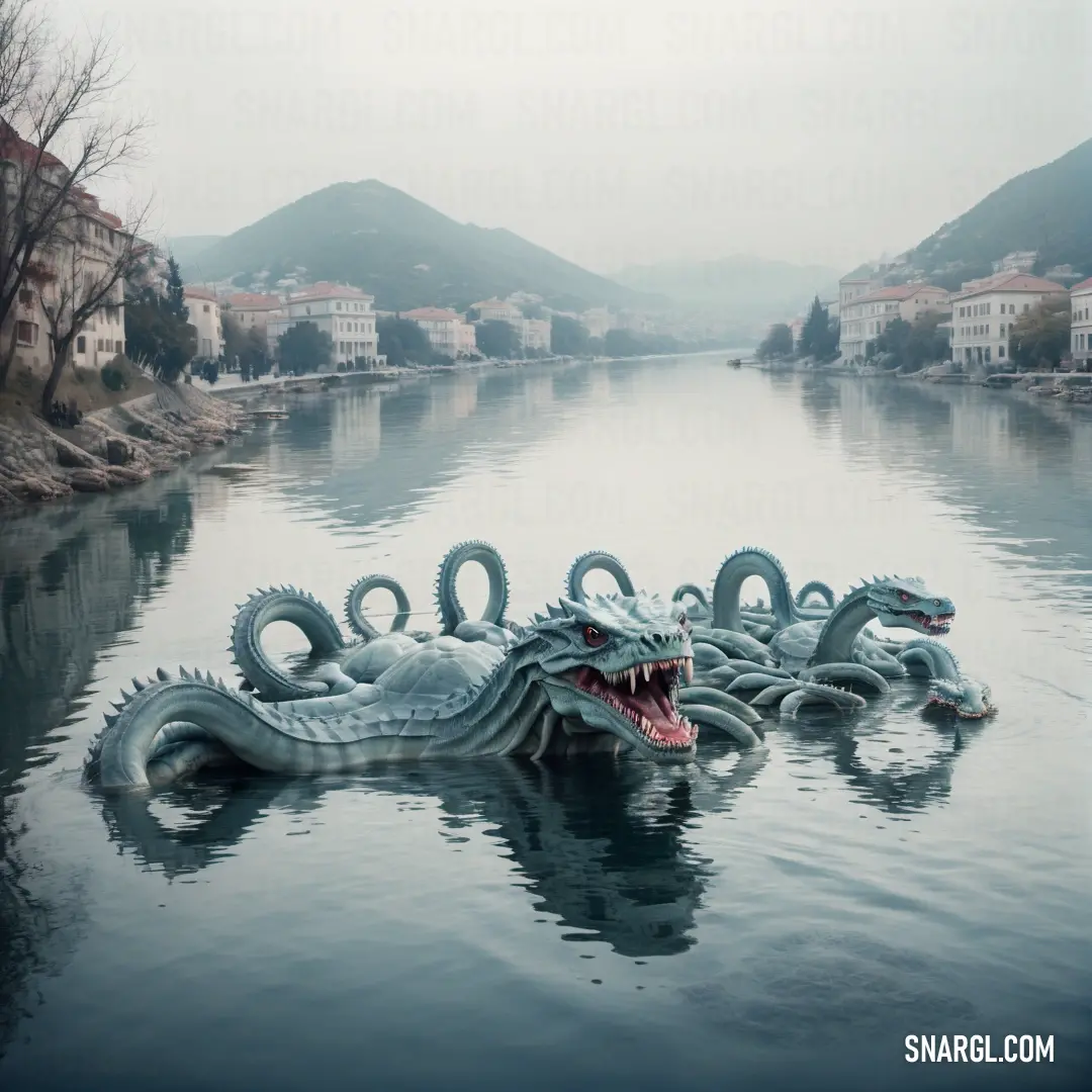 Hydra sculpture floating on top of a lake next to a town in the background with mountains in the distance
