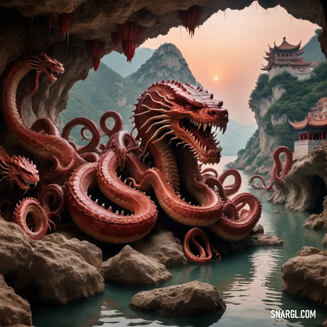Hydra statue is in a cave with a river and mountains in the background