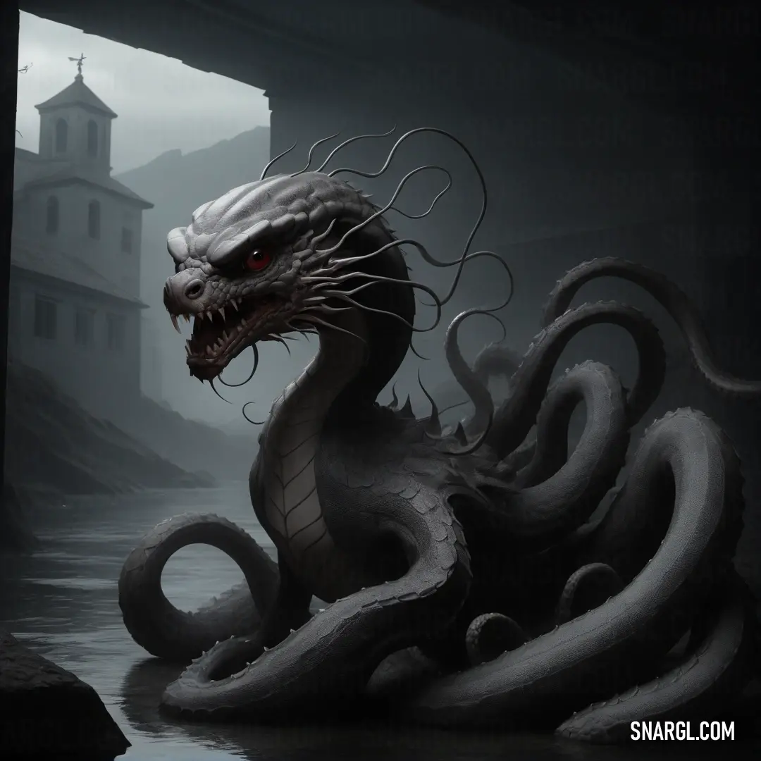 Hydra with a red eye is in the water by a castle with a clock tower in the background