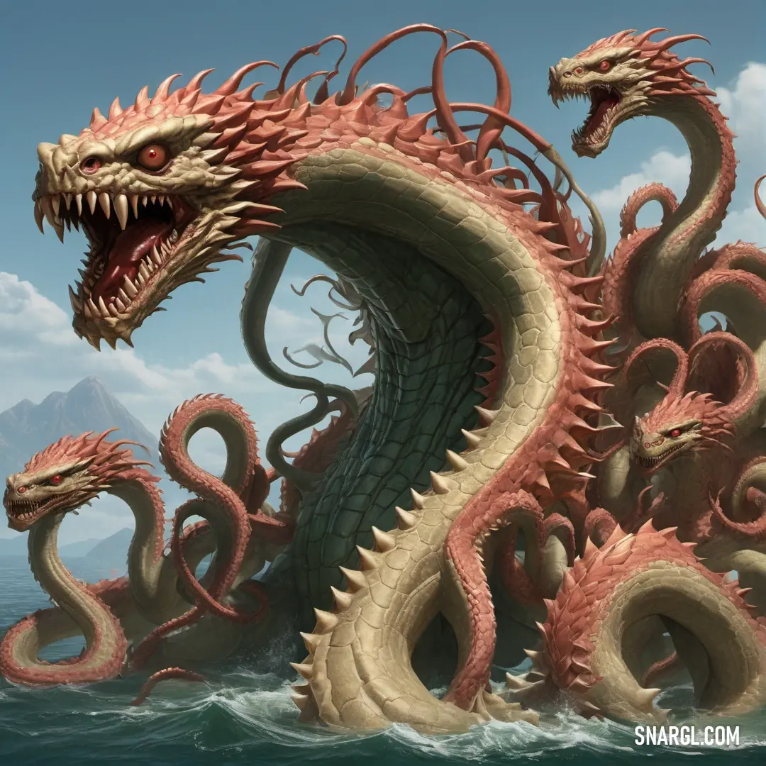 Large Hydra is in the water with its mouth open and it's head turned to the side