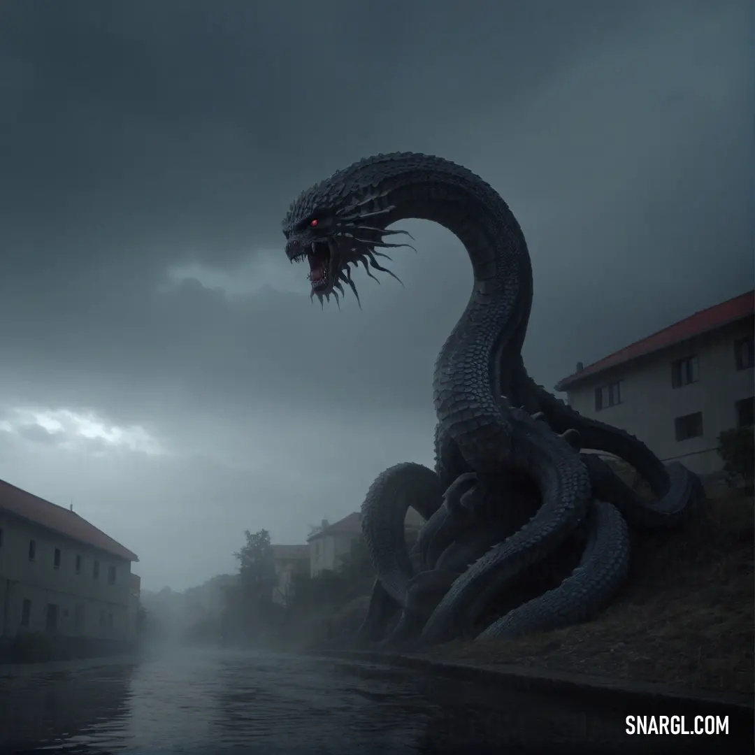 Large dragon on top of a body of water next to a building on a foggy day