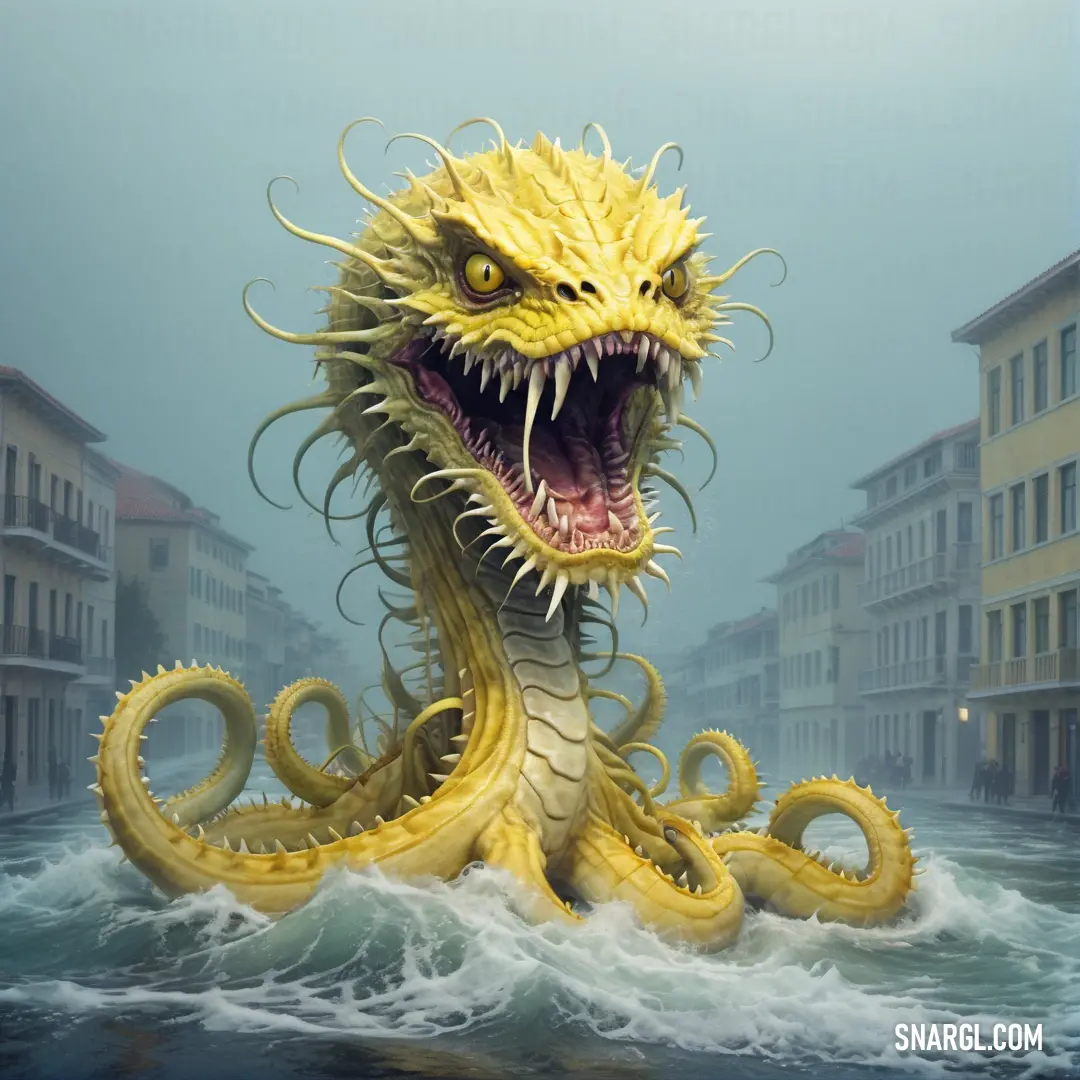 Large yellow Hydra is in the water near buildings