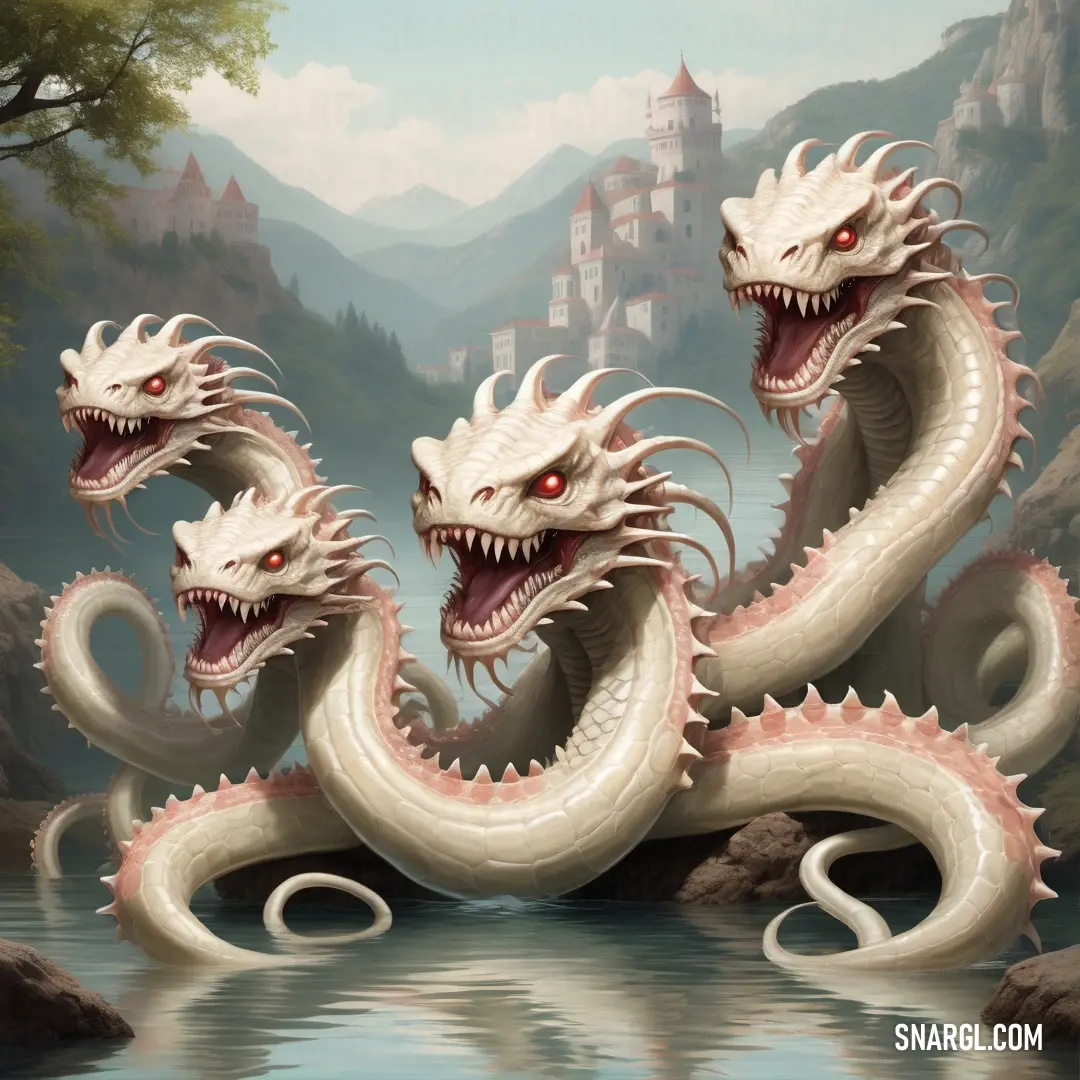 Painting of white Hydra in a lake with a castle in the background