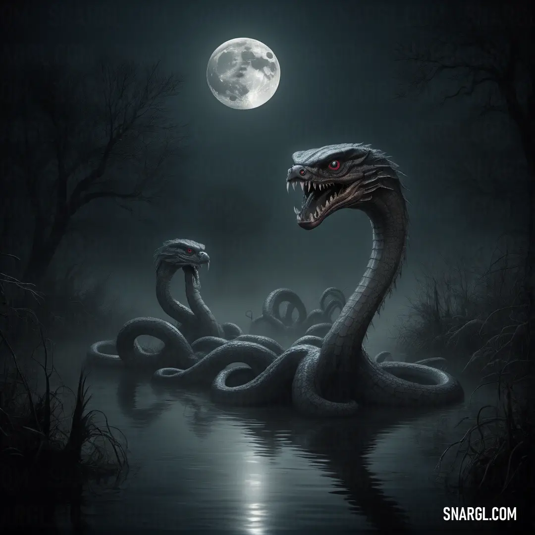 Snake with its mouth open and a full moon in the background
