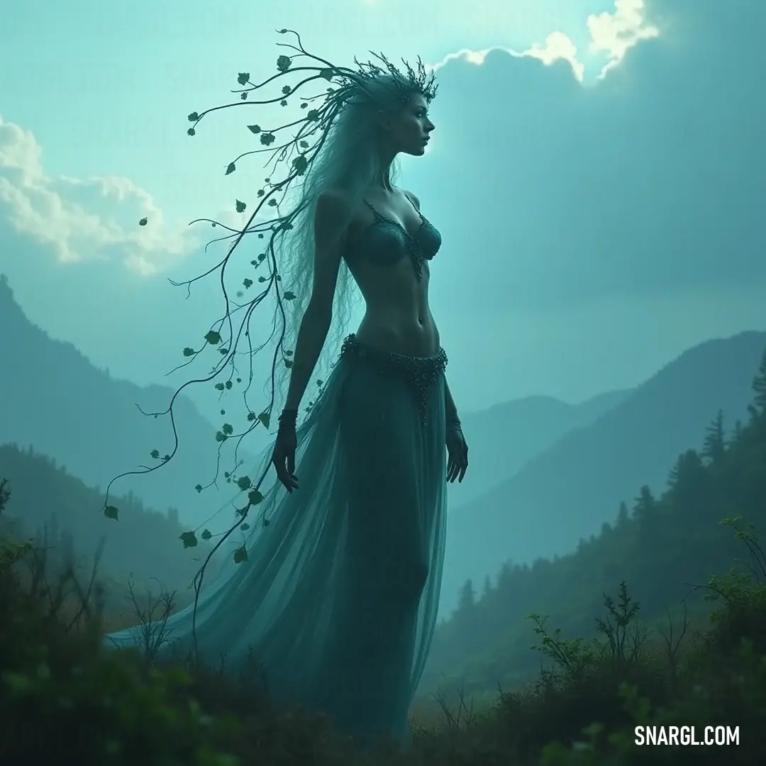 In a serene woodland, a figure with long hair wears a delicate dress, gently cradling a small bird on her shoulder, revealing a connection with nature that enchants the forest around her.