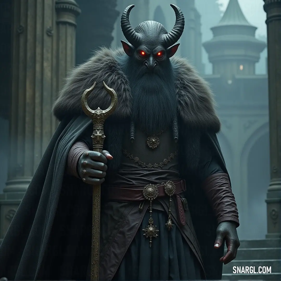 Iago, dressed in a striking horned costume, wields both a staff and a sword, a warrior ready for any challenge that crosses his path, embodying strength, courage, and mystery. Iago dons an intricate horned costume, holding a mighty staff in one hand and a sharp sword in the other, prepared for battle. His intense expression conveys the warrior spirit within him as he stands firm and resolute.