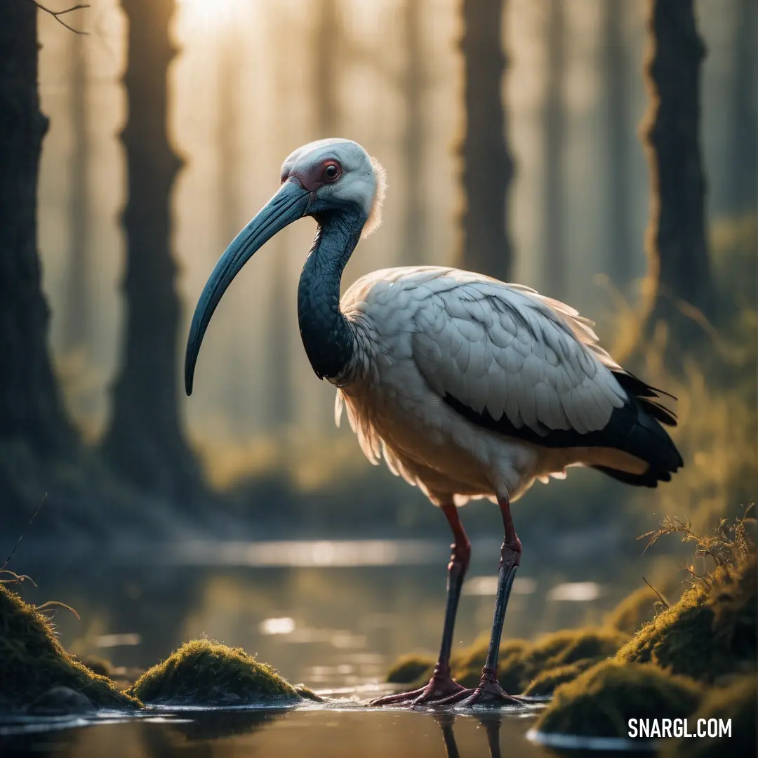 A lone Ibis with a long beak stands gracefully on the moss-covered forest floor. Surrounded by trees, the bird seems to blend seamlessly into the peaceful woodland scene.