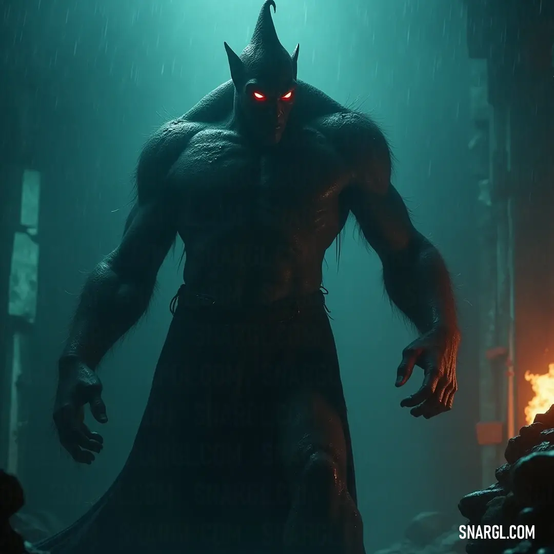 A formidable figure named Iblis commands attention in the rain, cloaked in darkness and exuding an air of irresistible menace. Iblis stands resolute in a downpour, his ominous dark costume contrasting sharply with the vivid rain. A menacing demon mask cloaks his features while a piercing glowing red eye reveals an intense presence that captivates the mind's eye.