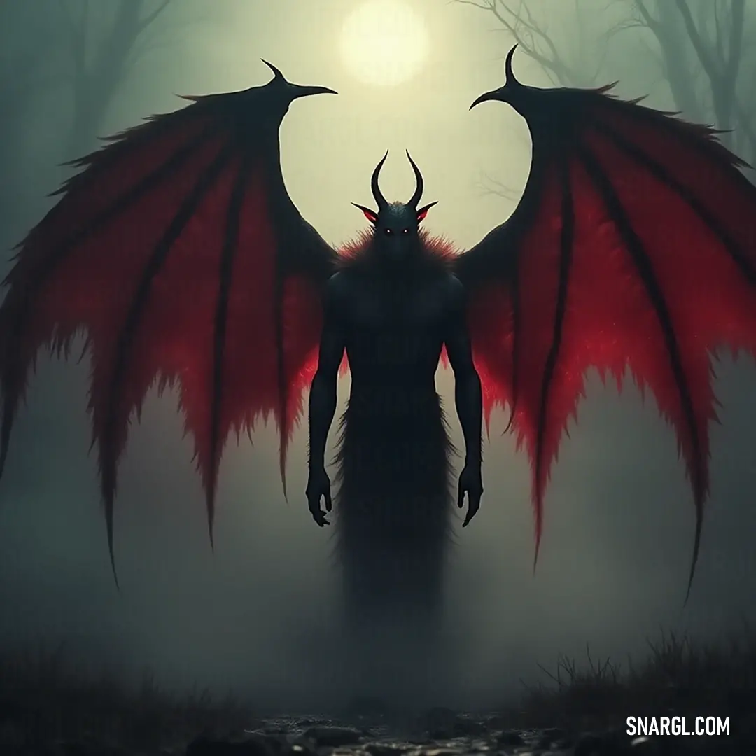 Iblis, adorned with striking red wings, stands boldly in a mystical forest, the fog weaving between trees and bushes, enhancing his formidable presence among nature.