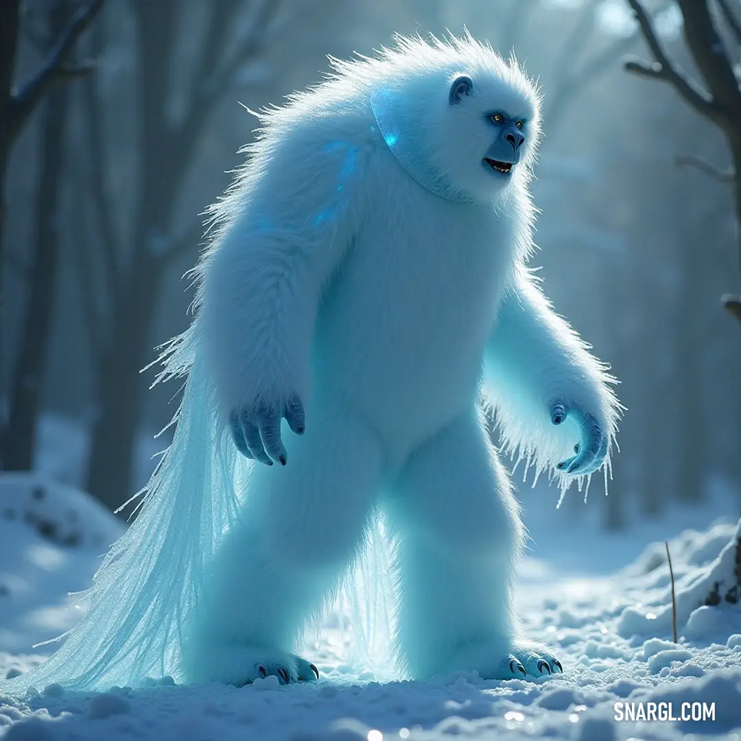 Regal white furry Ice Guardian standing in a serene snow-dusted forest, radiating power and grace. A captivating white furry Ice Guardian stands resolutely in a snow-covered forest, its presence commanding respect and awe as snowflakes gently descend, glistening like jewels against its majestic form.